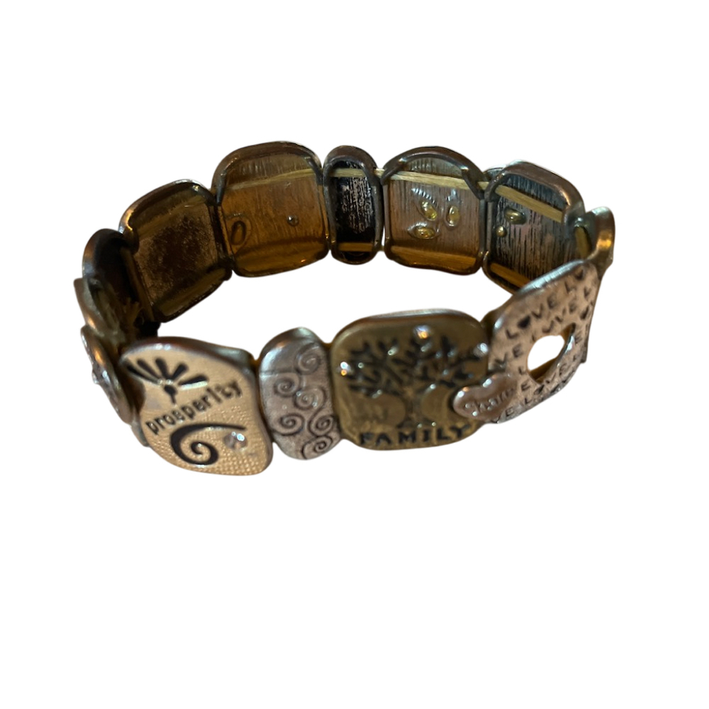 Mixed Metal Stretch Bracelet Engraved Family Love Vintage Hammered
